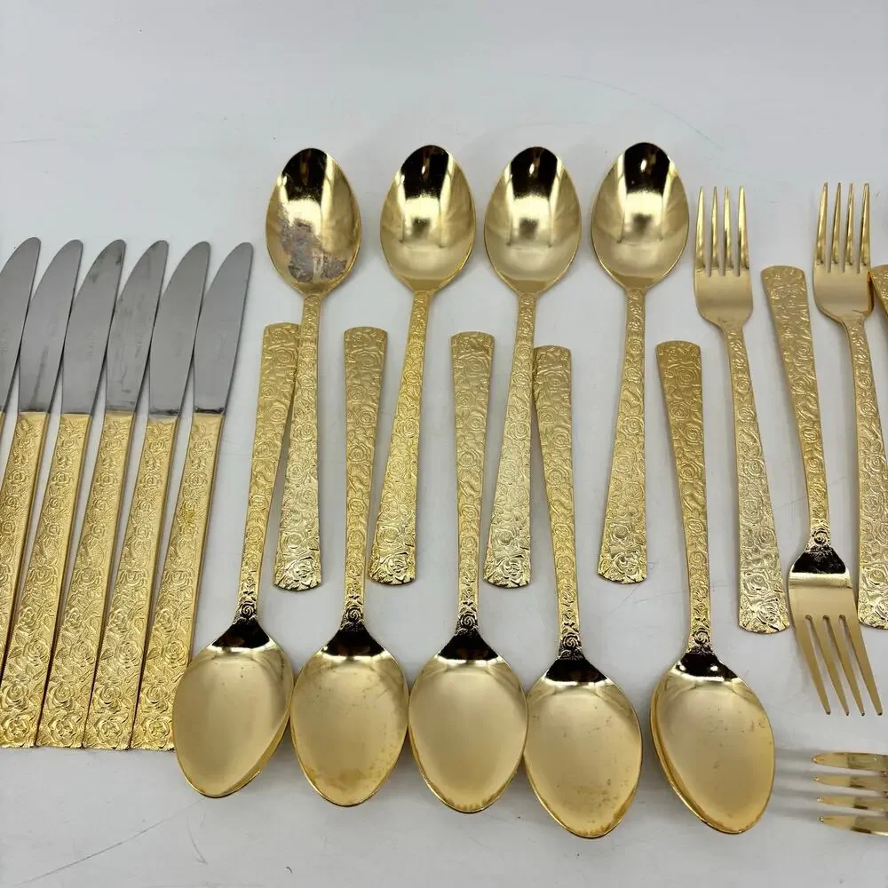 Vtg Hollywood Regency Dinner Spoons Fork Gold Stainless Steel 25 Pieces Japan